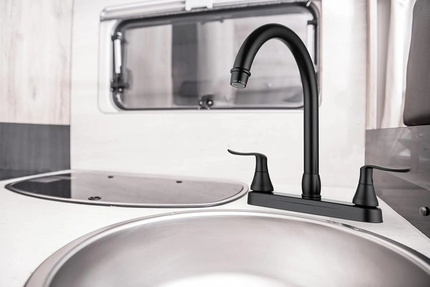 Dura Faucet DF-PK330HLH-MB RV Elegant J-Spout Swivel Kitchen Sink Faucet - Two Handle (Matte Black)
