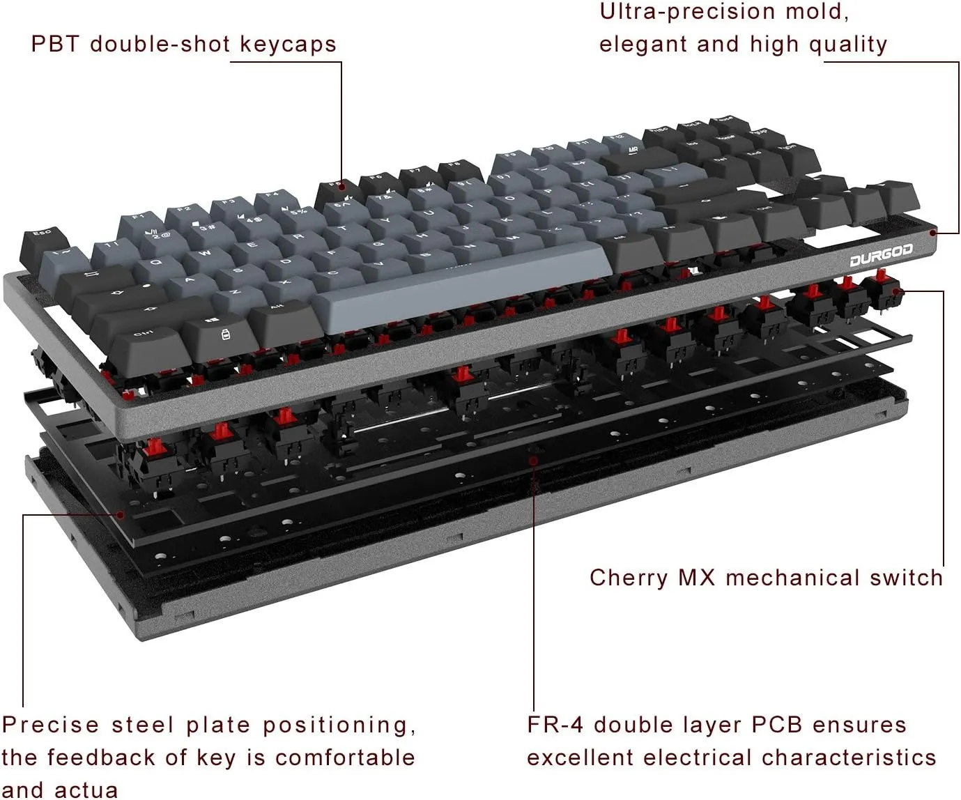 DURGOD Taurus K320 TKL Mechanical Gaming Keyboard - 87 Keys - Double Shot PBT - NKRO - USB Type C (Cherry Red, Space Grey)