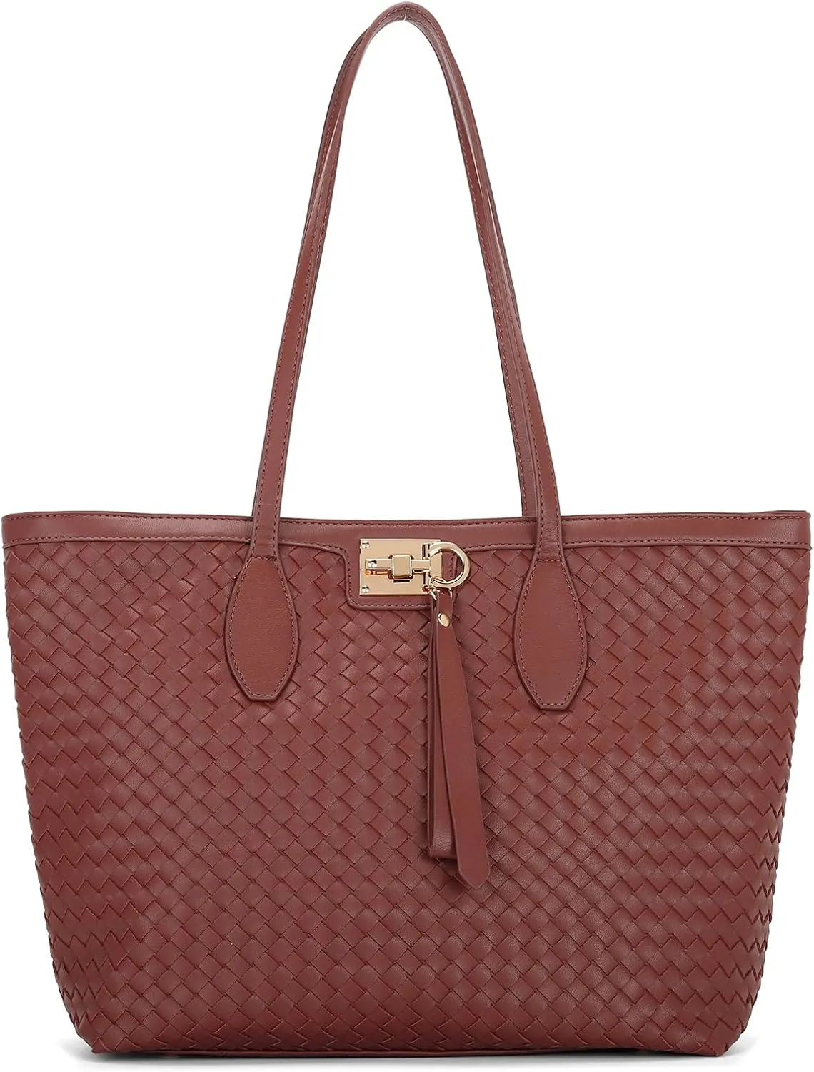 E Woven Tote Bags for Women Vegan Leather Top Handle Shoulder Handbag