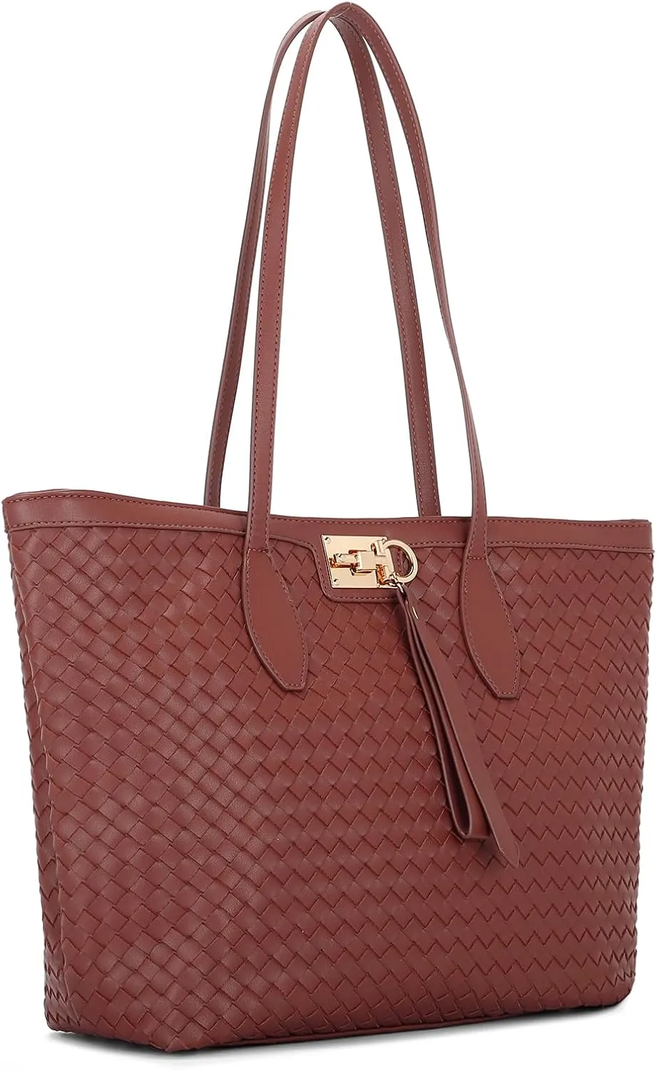 E Woven Tote Bags for Women Vegan Leather Top Handle Shoulder Handbag