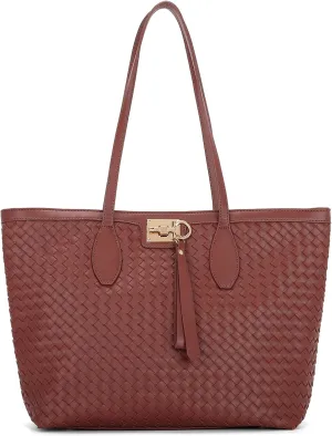 E Woven Tote Bags for Women Vegan Leather Top Handle Shoulder Handbag