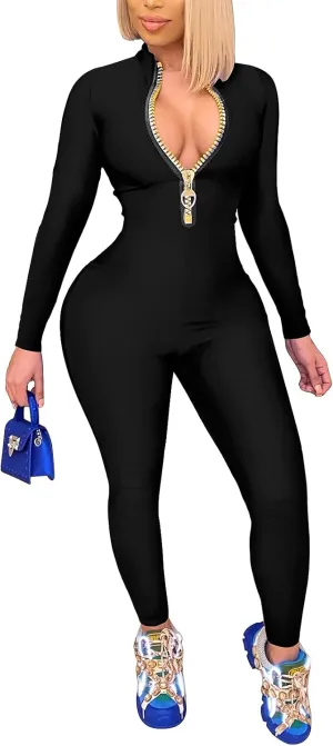 ECHOINE Sexy Jumpsuits for Women Long Sleeve V Neck Zipper Casual One Piece Rompers Bodycon Outfits