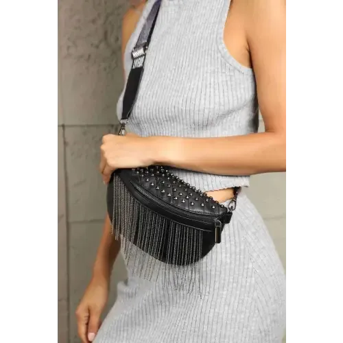 Edgy Leather Studded Sling Bag with Fringe Flair