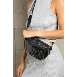 Edgy Leather Studded Sling Bag with Fringe Flair