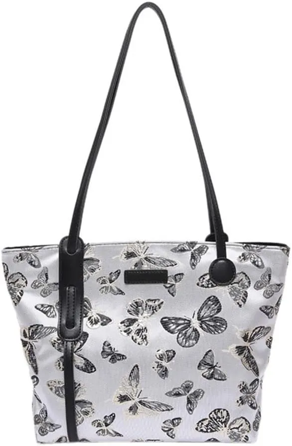 Elegant Embroidery Butterfly Handbag Large Capacity Canvas Top Handle Bags for Women Casual Shoulder Bags Satchel