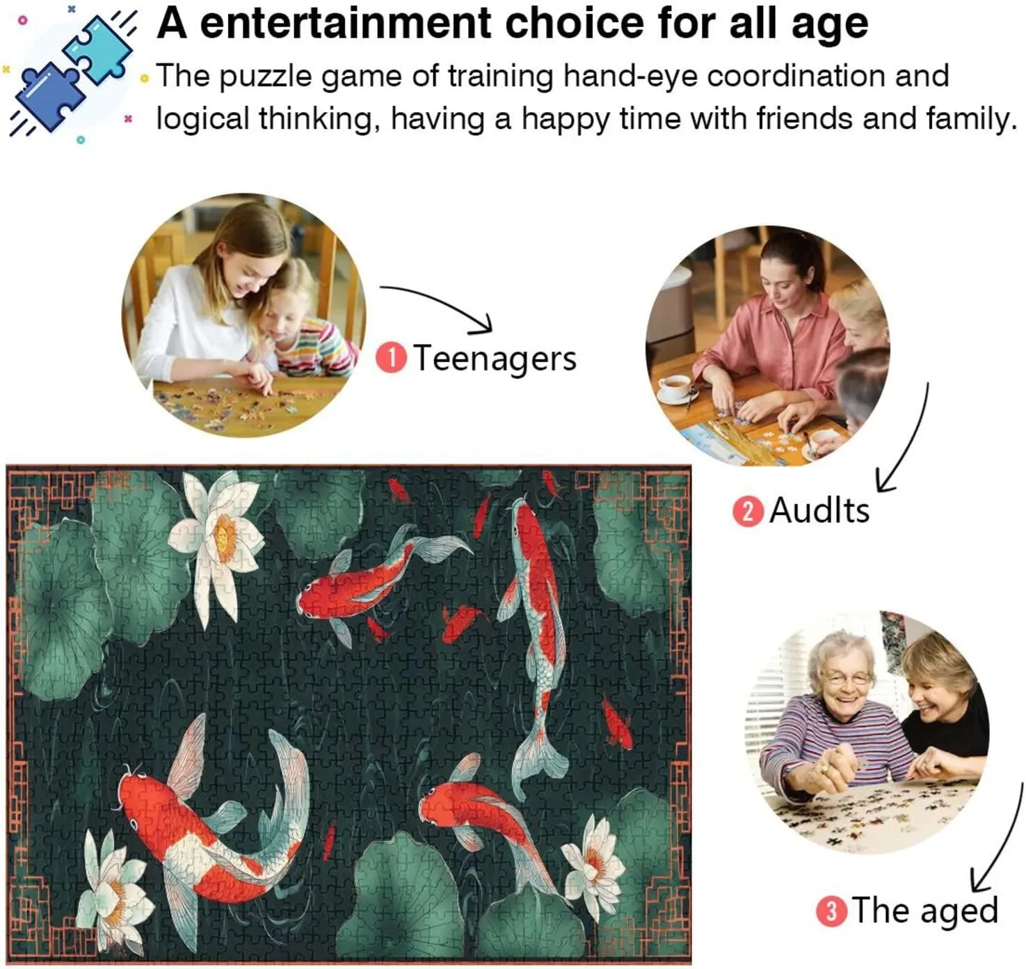 Elegant Koi Fish Green Puzzle 1000 Pieces, Fantasy Puzzles for Adults, Adult Games