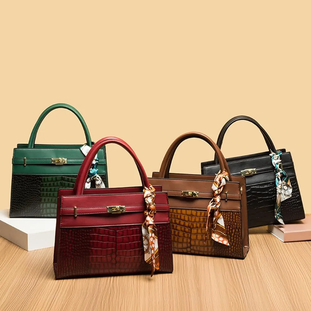 Elegant Women's Crocodile Pattern Leather Handbag Set - 3PCS Fashion Tote & Crossbody Purse