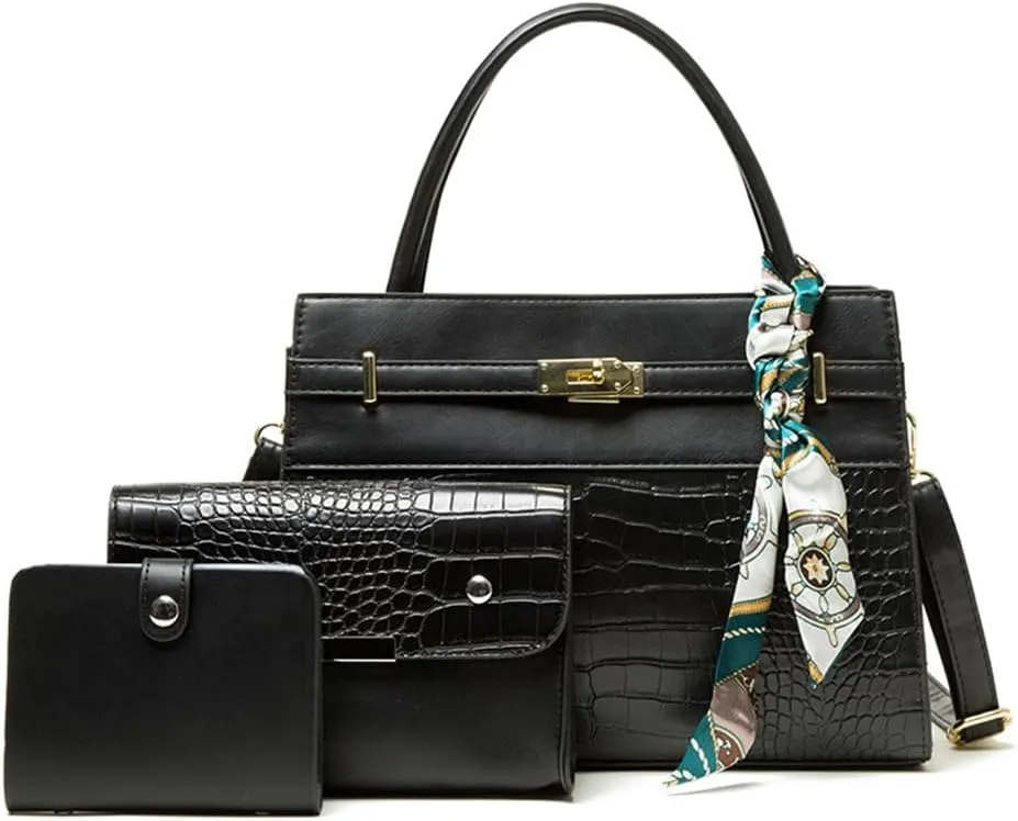 Elegant Women's Crocodile Pattern Leather Handbag Set - 3PCS Fashion Tote & Crossbody Purse