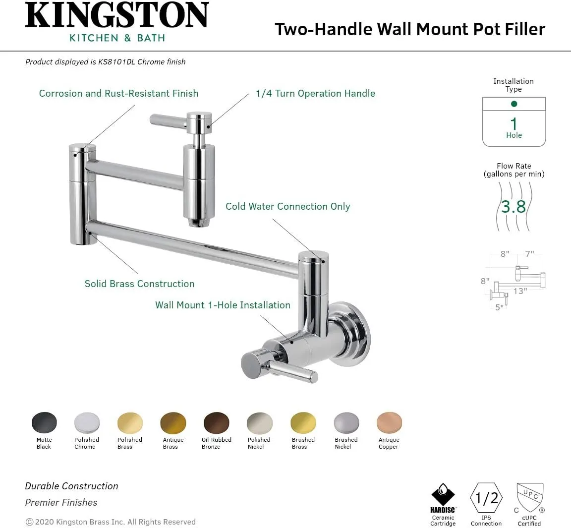 Elements of Design ES8101DL South Beach Wall Mount Pot Filler, 13", Polished Chrome