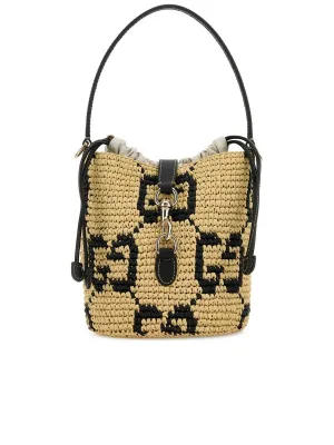 Embroidered Raffia Mini GG Bucket Bag