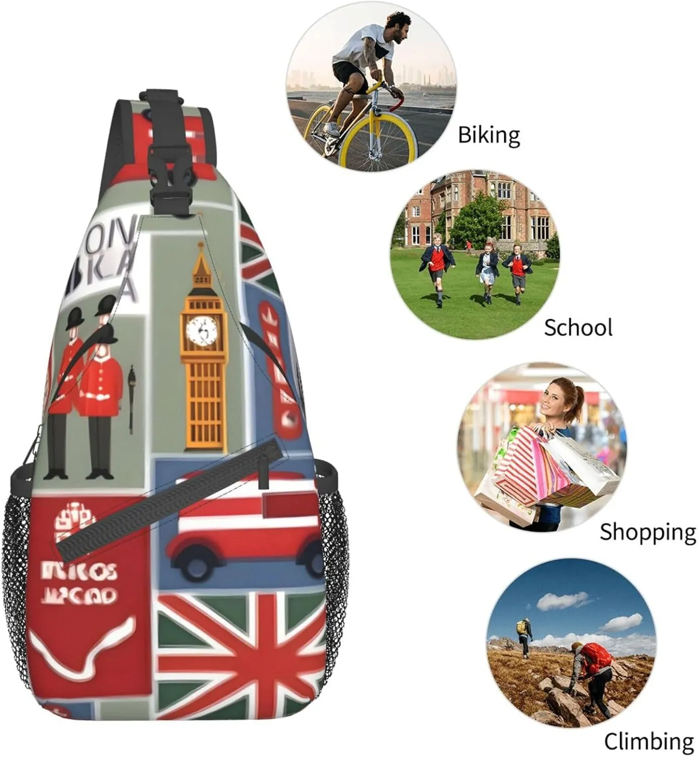 England Symbols Print Crossbody Sling Backpack For Women Men,Sling Bag Travel Hiking Chest Bag Daypack