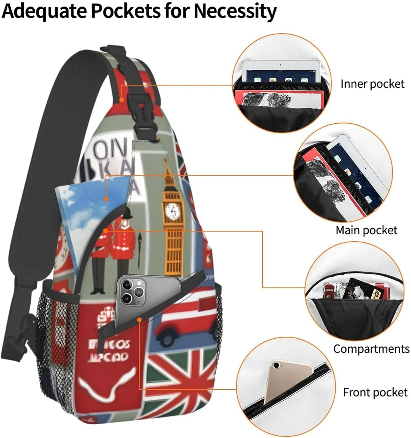 England Symbols Print Crossbody Sling Backpack For Women Men,Sling Bag Travel Hiking Chest Bag Daypack