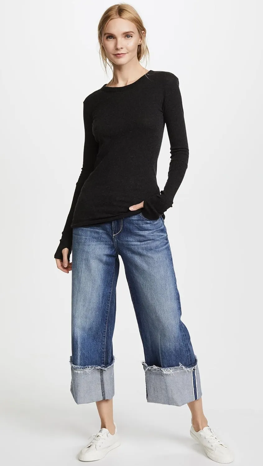 Enza Costa Women’s Cashmere Blend Cuffed Crew Top with Thumbholes