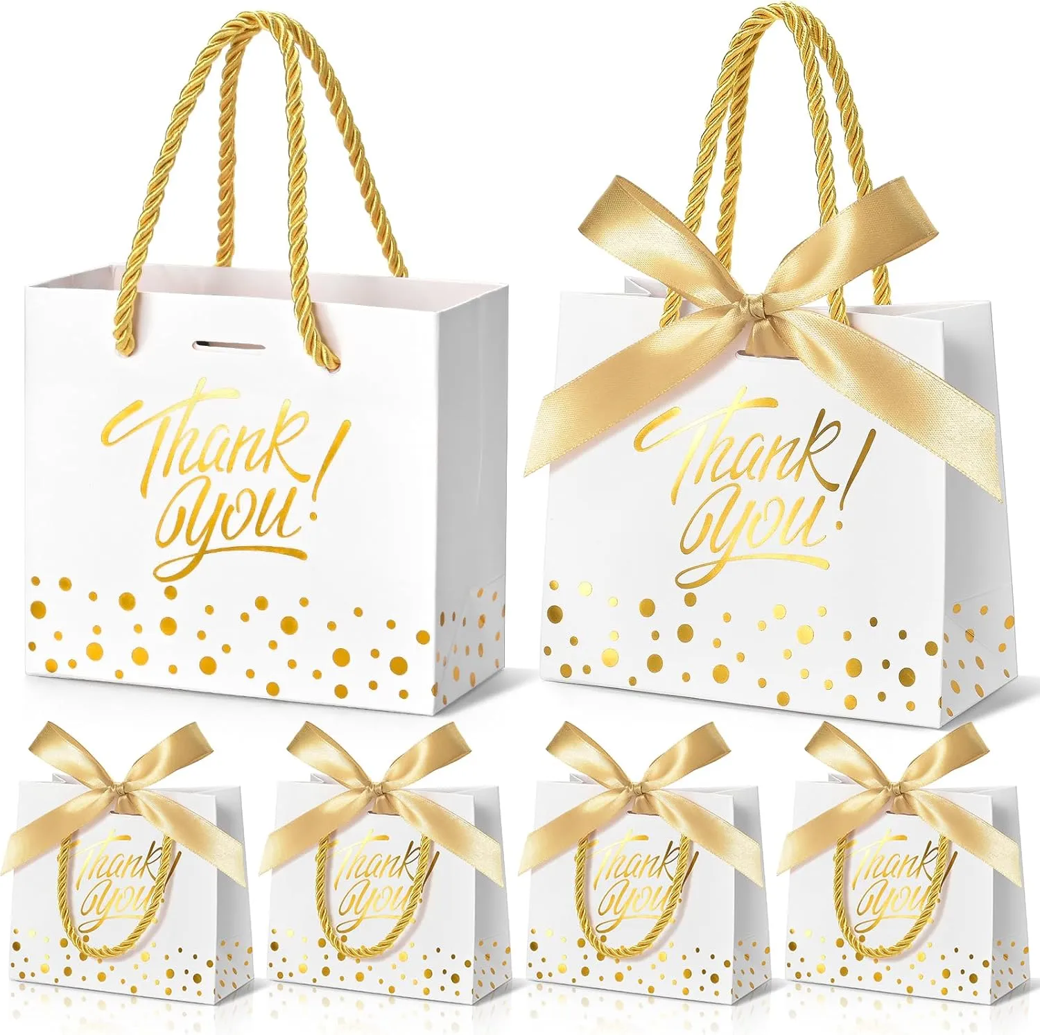 EQOREIIN Small Thank You Gift Bags 50pcs 5.5x2.5x4.7 Inches Small Gift Bags with Handles Bow Ribbon White Paper Bags for Party Favor, Mother's Day，Valentine's Day, Wedding, Baby Shower (White)