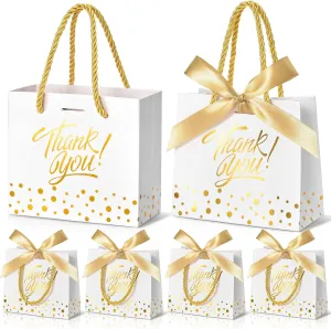 EQOREIIN Small Thank You Gift Bags 50pcs 5.5x2.5x4.7 Inches Small Gift Bags with Handles Bow Ribbon White Paper Bags for Party Favor, Mother's Day，Valentine's Day, Wedding, Baby Shower (White)