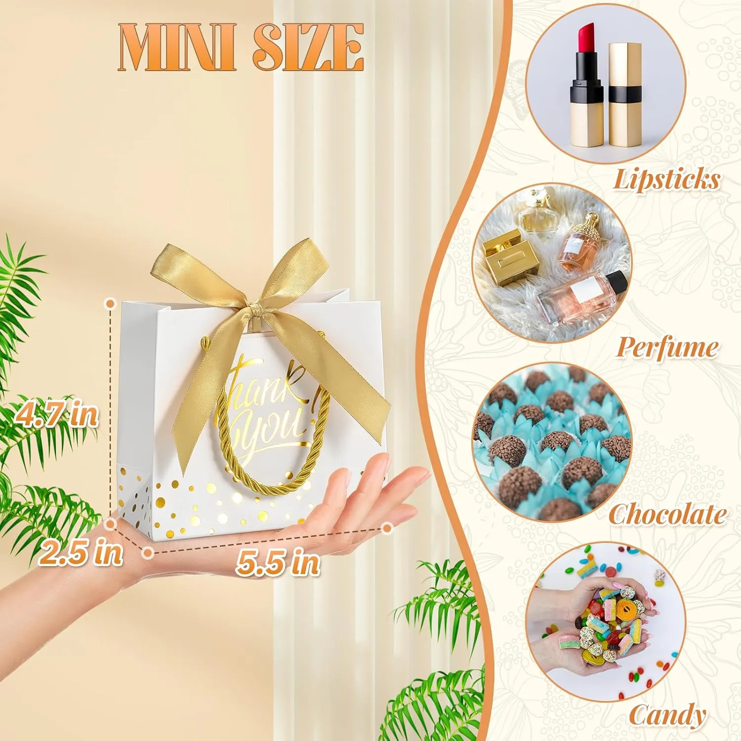 EQOREIIN Small Thank You Gift Bags 50pcs 5.5x2.5x4.7 Inches Small Gift Bags with Handles Bow Ribbon White Paper Bags for Party Favor, Mother's Day，Valentine's Day, Wedding, Baby Shower (White)