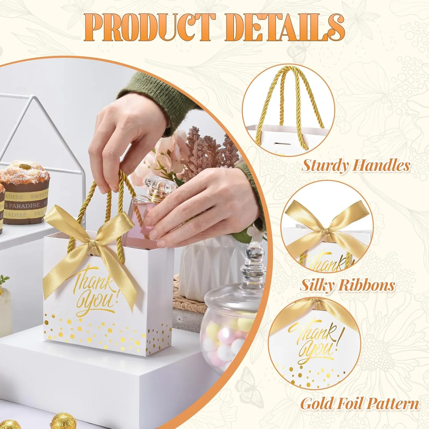 EQOREIIN Small Thank You Gift Bags 50pcs 5.5x2.5x4.7 Inches Small Gift Bags with Handles Bow Ribbon White Paper Bags for Party Favor, Mother's Day，Valentine's Day, Wedding, Baby Shower (White)