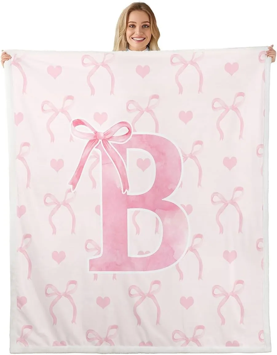 Erosebridal Initial Alphabet B Twin 60"x80" Women Teen Girls Pink Letter Plush Sherpa Blanket Aesthetic Bowknot Fleece Throw Blanket Cute Love Hearts Warm Plush Couch Sofa Geometric Butterfly Knot