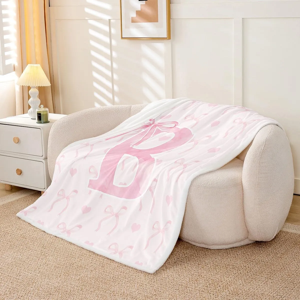 Erosebridal Initial Alphabet B Twin 60"x80" Women Teen Girls Pink Letter Plush Sherpa Blanket Aesthetic Bowknot Fleece Throw Blanket Cute Love Hearts Warm Plush Couch Sofa Geometric Butterfly Knot
