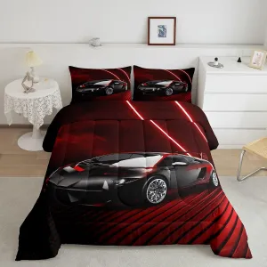Erosebridal Race Car Comforter Set Twin Size, Boys Extreme Sports Bedding Set Racing Car Cool Speed Quilt for Kids Teens Adult Men Bedroom, Geometric Red Striped Duvet Insert with 1 Pillow Case