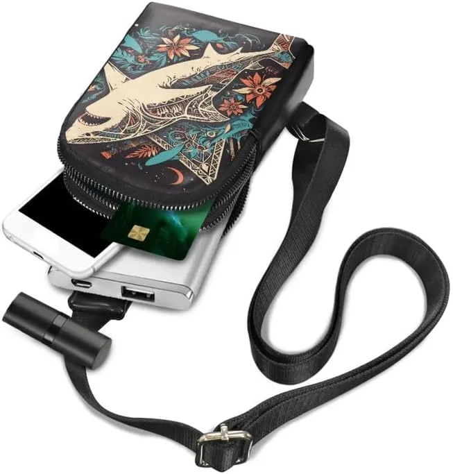 Ethnic Sea Shark Crossbody Bags for Women PU Leather Sling Bag, Hawaii Tribal Sharks Print Small Fanny Pack Chest Daypack for Hiking Travel Sports Running