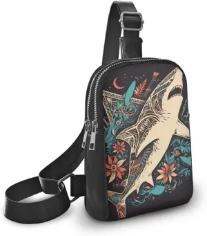 Ethnic Sea Shark Crossbody Bags for Women PU Leather Sling Bag, Hawaii Tribal Sharks Print Small Fanny Pack Chest Daypack for Hiking Travel Sports Running