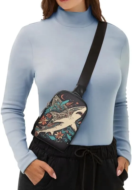 Ethnic Sea Shark Crossbody Bags for Women PU Leather Sling Bag, Hawaii Tribal Sharks Print Small Fanny Pack Chest Daypack for Hiking Travel Sports Running