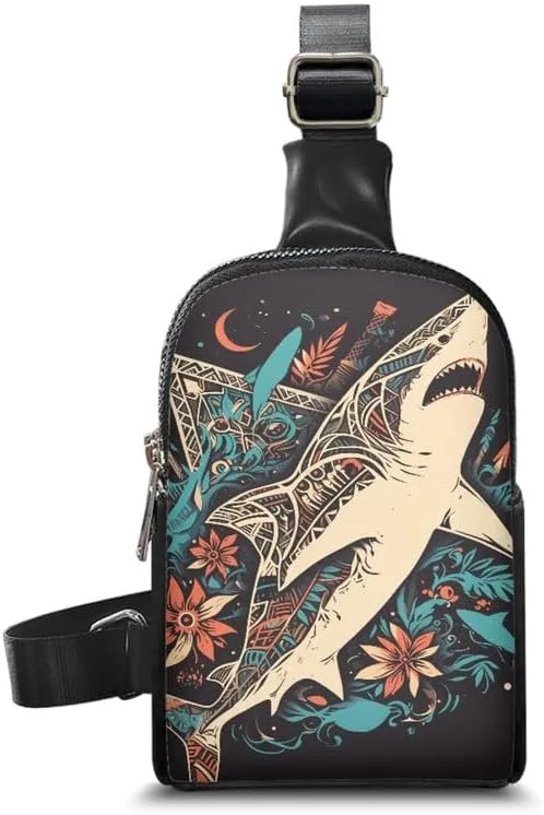 Ethnic Sea Shark Crossbody Bags for Women PU Leather Sling Bag, Hawaii Tribal Sharks Print Small Fanny Pack Chest Daypack for Hiking Travel Sports Running