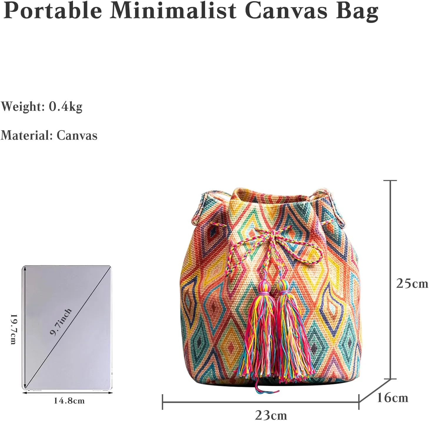 Ethnic Tote Bag for Women Canvas Handbag Bohemian Bucket Bag Retro Shoulder Crossbody Bag with Tassels