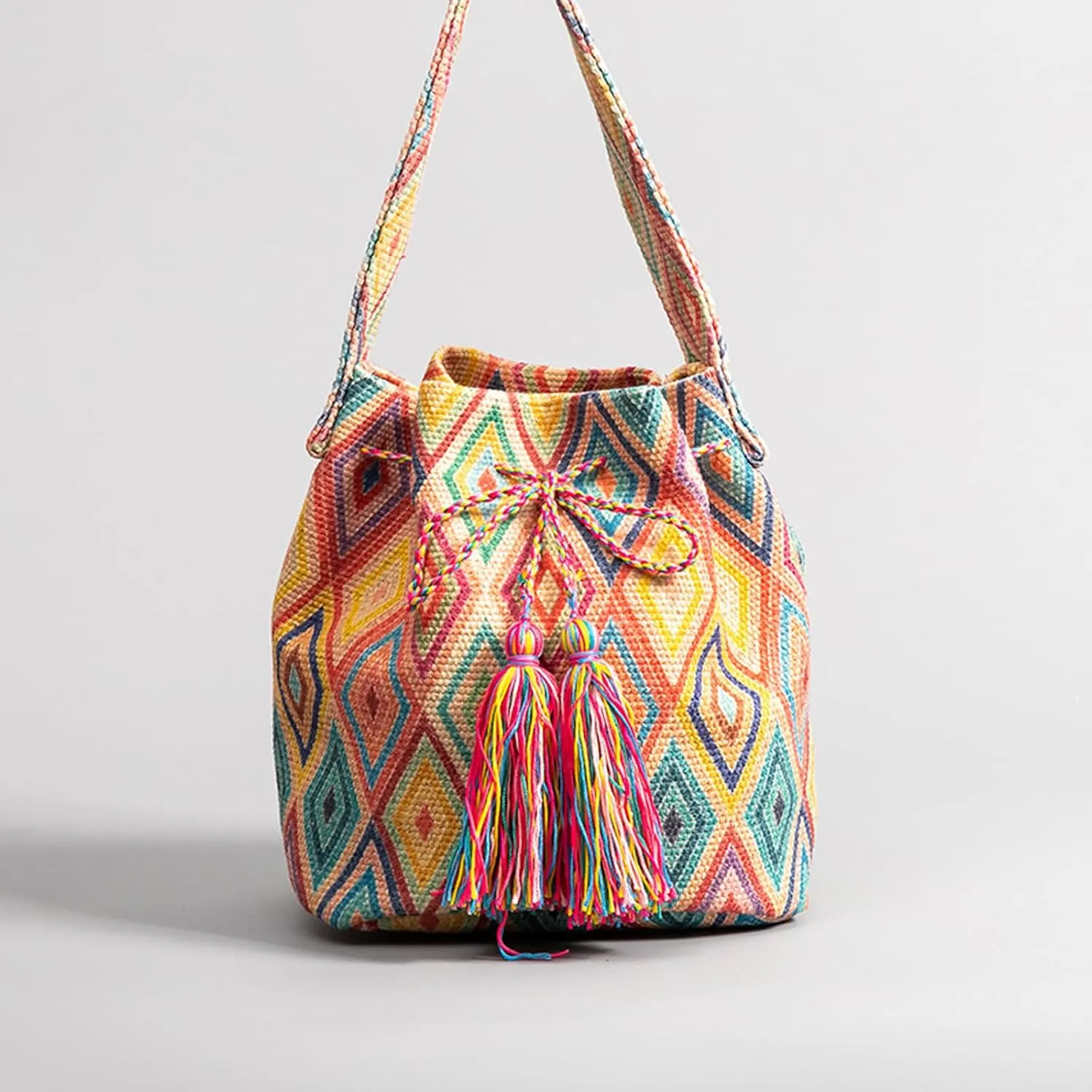 Ethnic Tote Bag for Women Canvas Handbag Bohemian Bucket Bag Retro Shoulder Crossbody Bag with Tassels