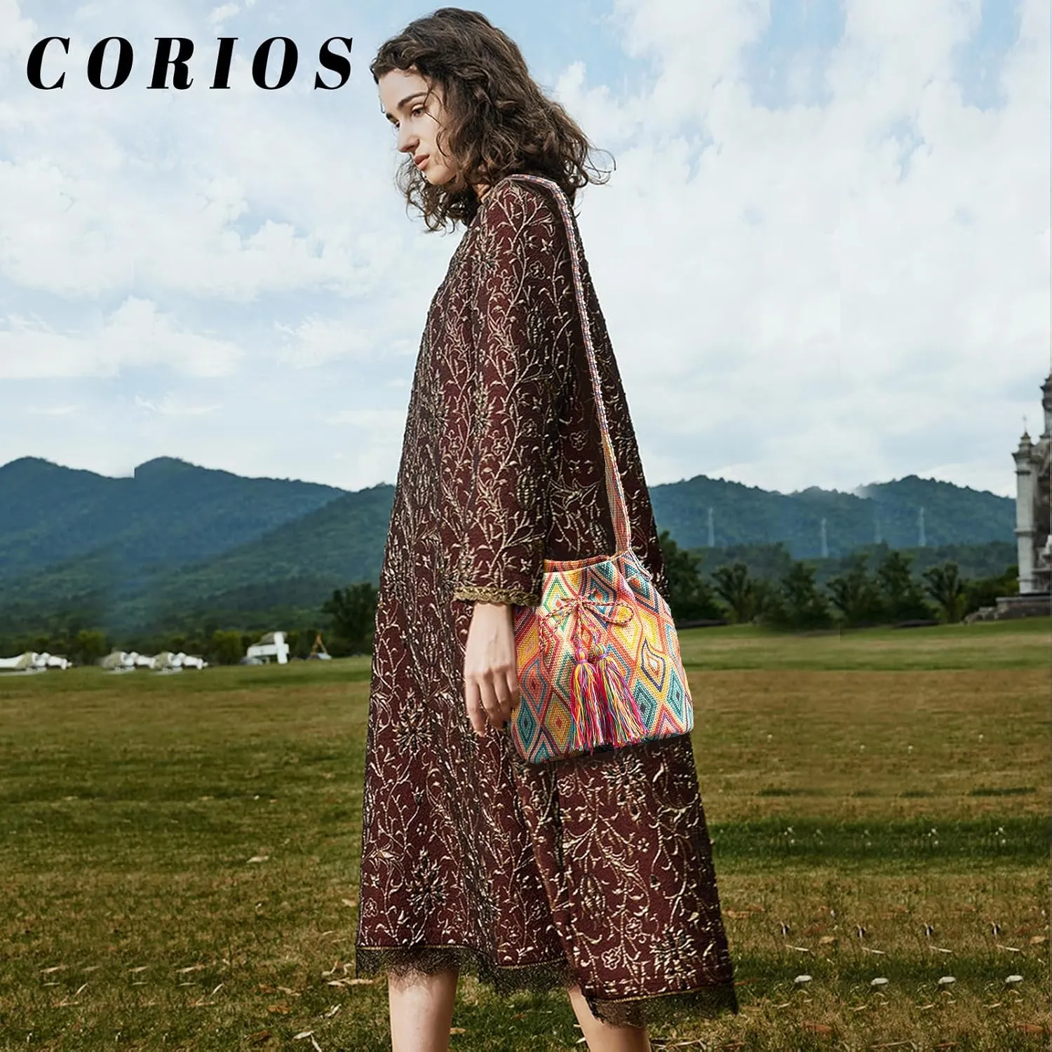Ethnic Tote Bag for Women Canvas Handbag Bohemian Bucket Bag Retro Shoulder Crossbody Bag with Tassels