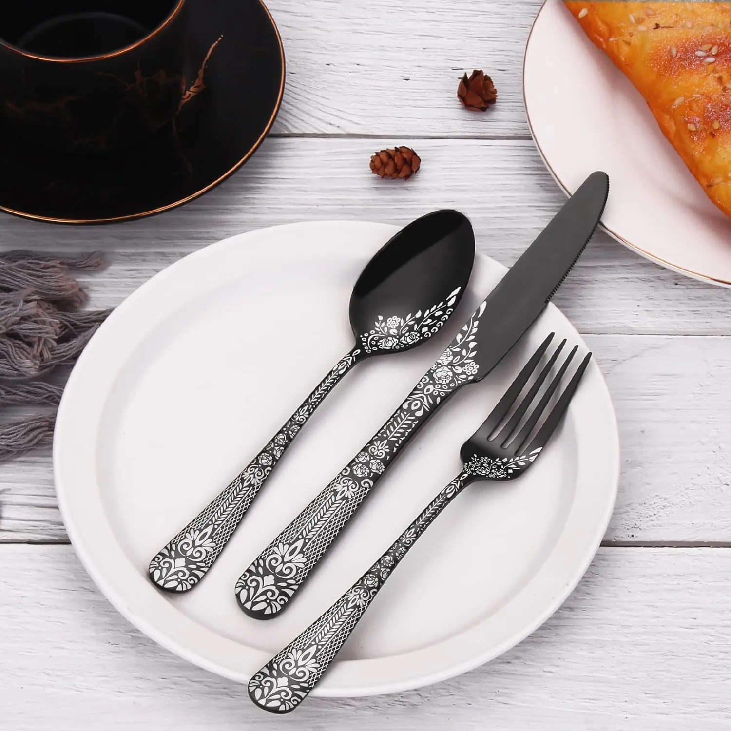 EUIRIO 48-Piece Silverware Set with Steak Knives, Black Flatware Set for 8, Stainless Steel Cutlery Set, Knives and Forks and Spoons Sets,Unique Pattern Design,Mirror Polish and Dishwasher Safe