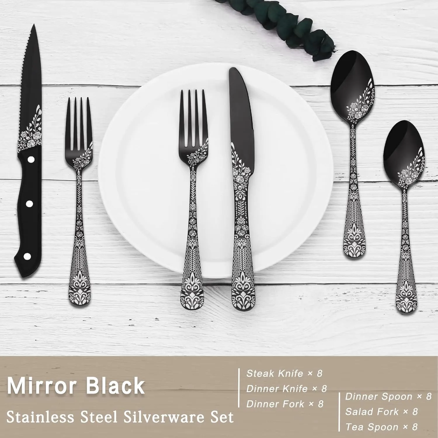 EUIRIO 48-Piece Silverware Set with Steak Knives, Black Flatware Set for 8, Stainless Steel Cutlery Set, Knives and Forks and Spoons Sets,Unique Pattern Design,Mirror Polish and Dishwasher Safe