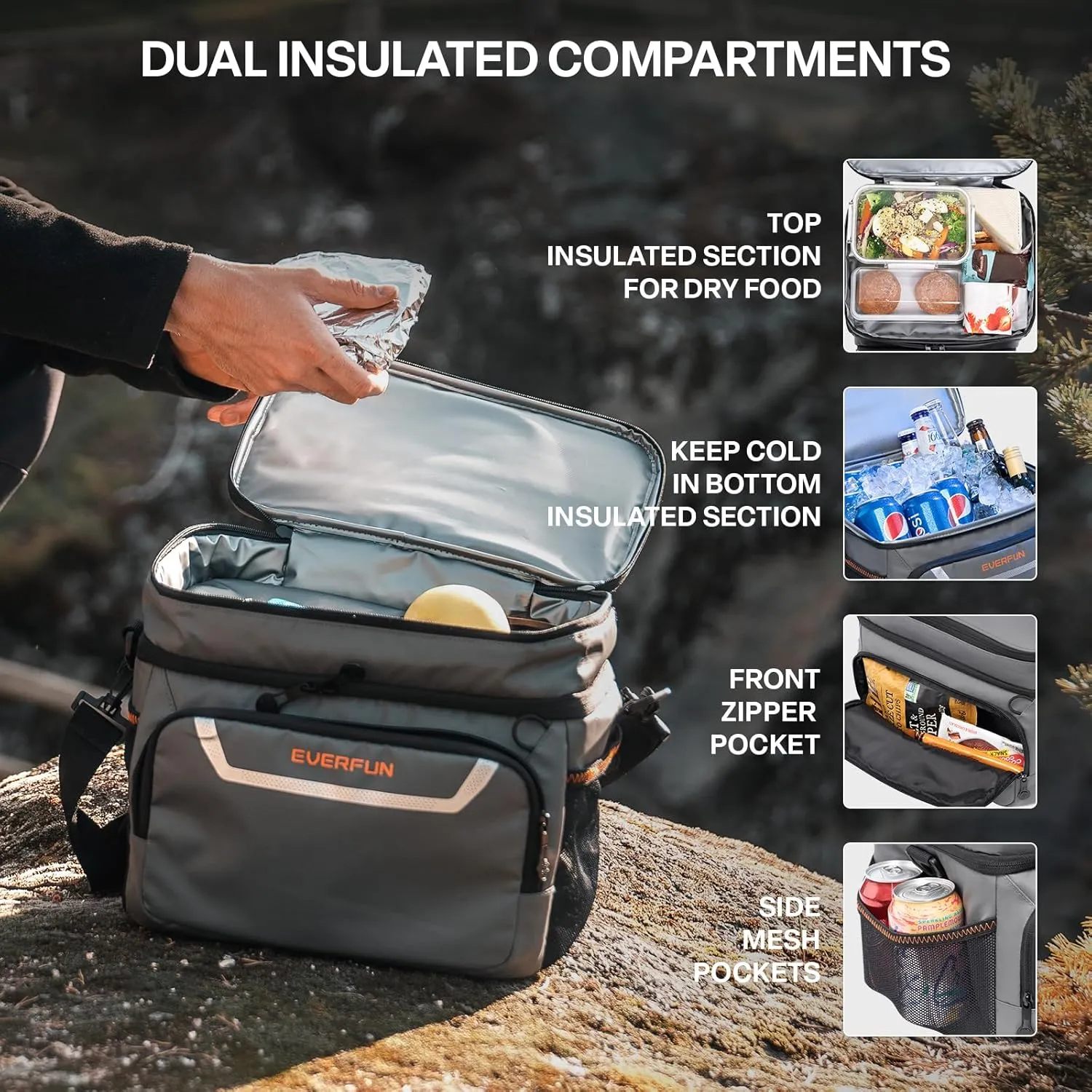 EVERFUN Small Lunch Box Insulated Cooler Bag Mini Cooler 24 Can Soft Sided Lunch Bag for Men Women Ice Chest Double Deck Portable Personal Collapsible Waterproof Leak-Proof for Work Travel Car, Gray