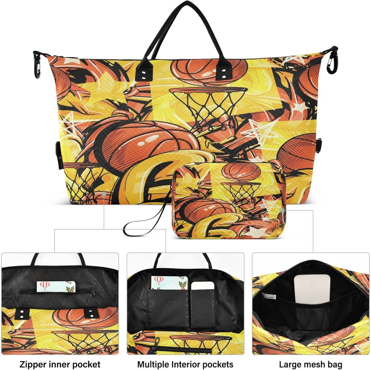 Exnundod Women Weekender Bags Basketball Seamless Pattern Travel Duffel Bags Carry On Overnight Bag Street Art Style Large Hospital Tote Luggage
