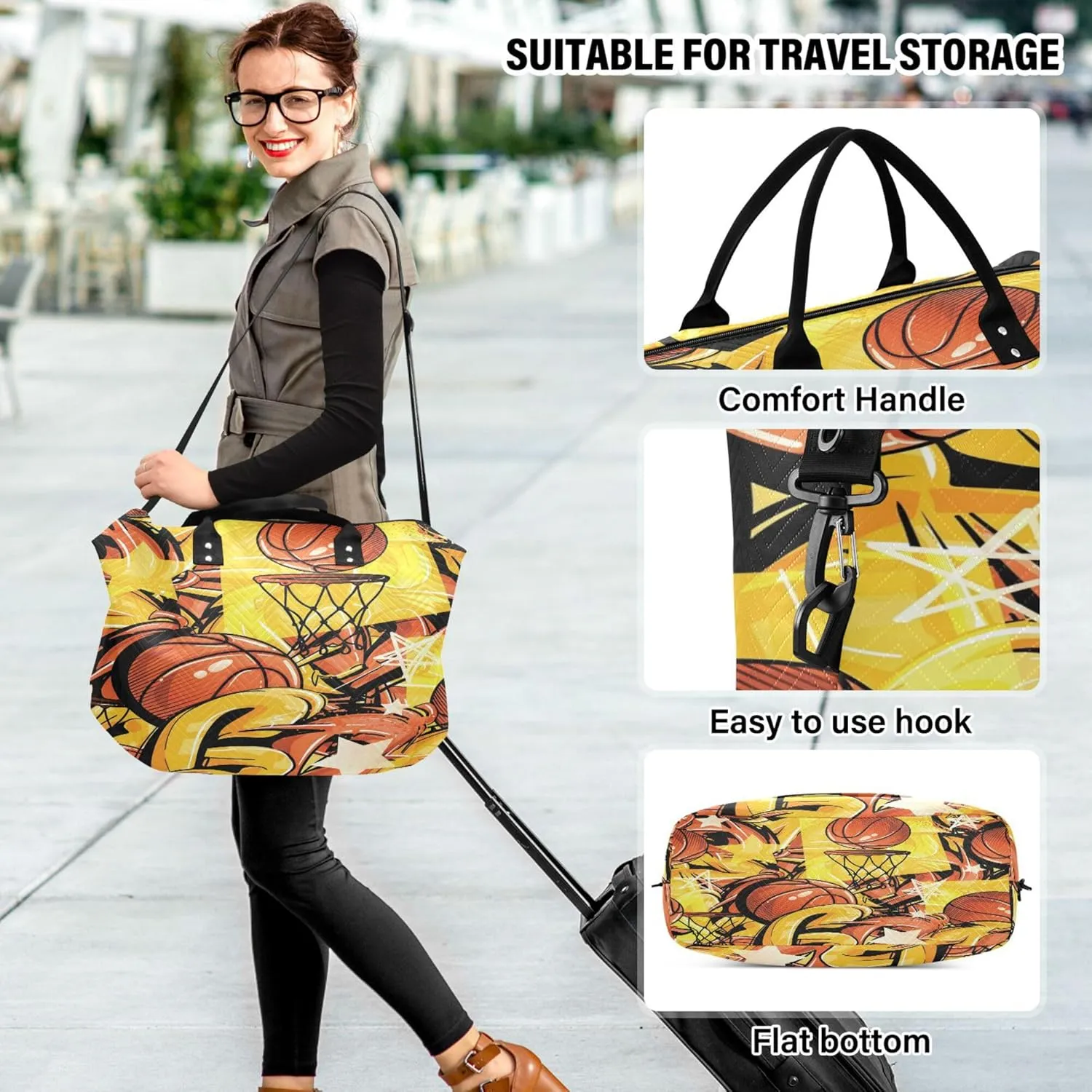 Exnundod Women Weekender Bags Basketball Seamless Pattern Travel Duffel Bags Carry On Overnight Bag Street Art Style Large Hospital Tote Luggage