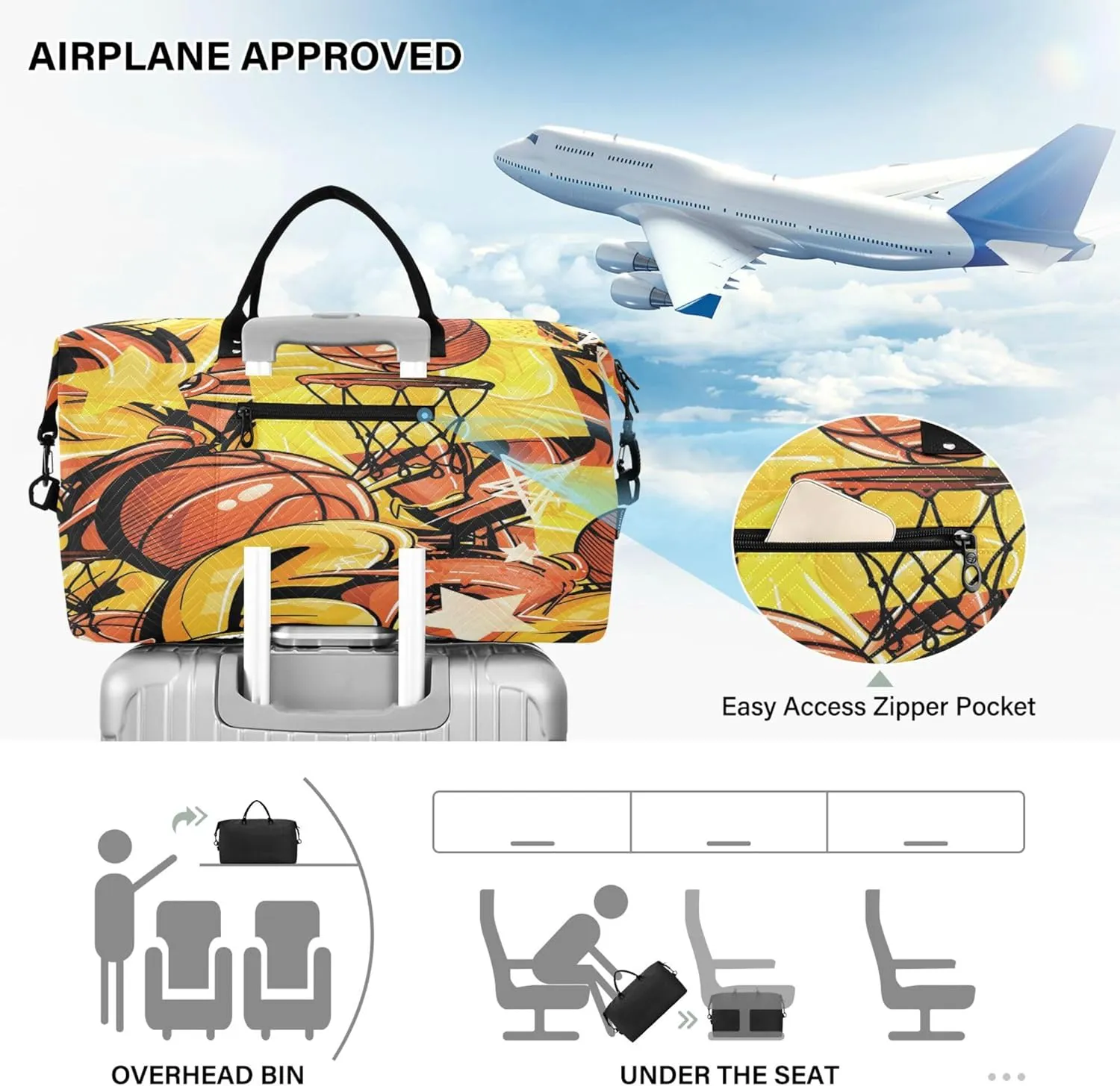 Exnundod Women Weekender Bags Basketball Seamless Pattern Travel Duffel Bags Carry On Overnight Bag Street Art Style Large Hospital Tote Luggage