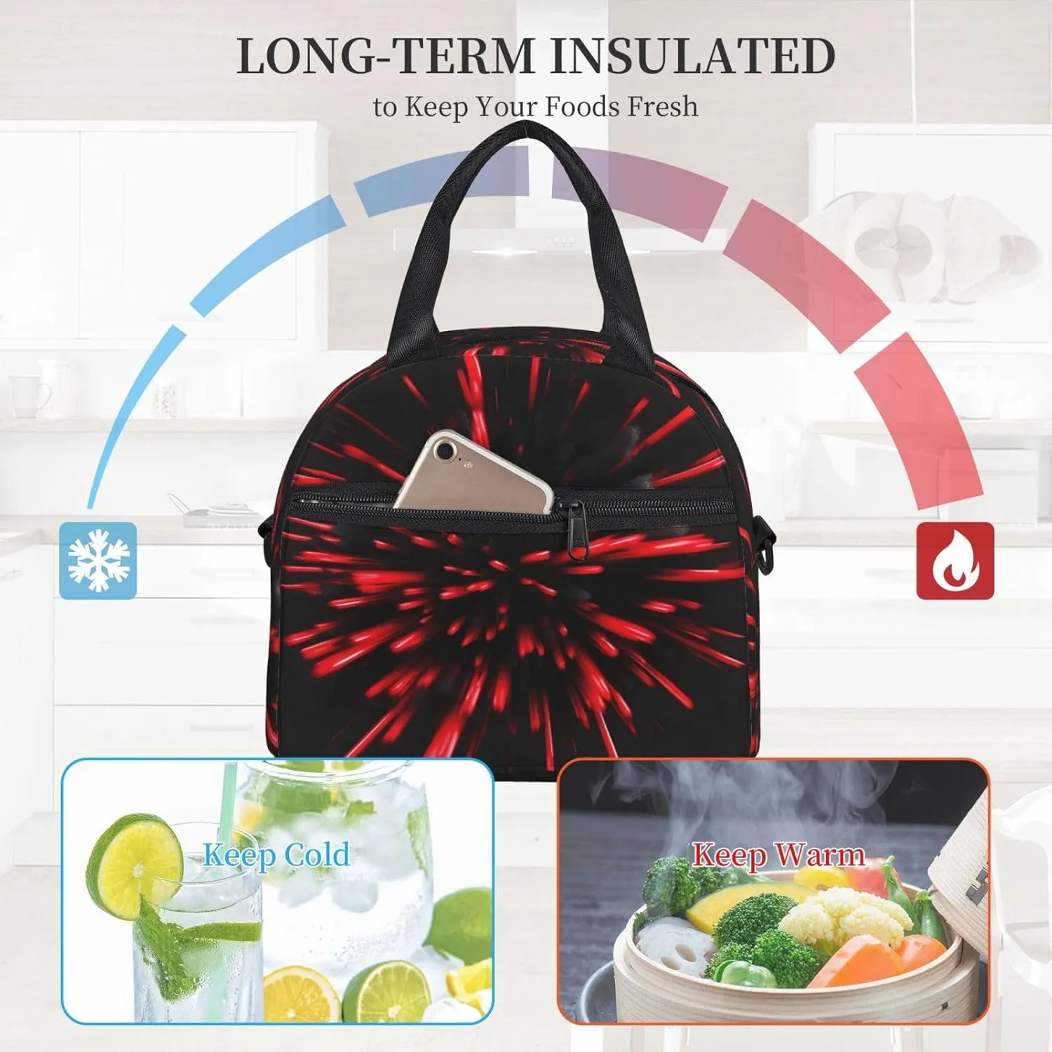 Explosion Burst Red And Black Insulated Lunch Bag Lunch Box For Women Men Reusable Tote For Office Gym Outings