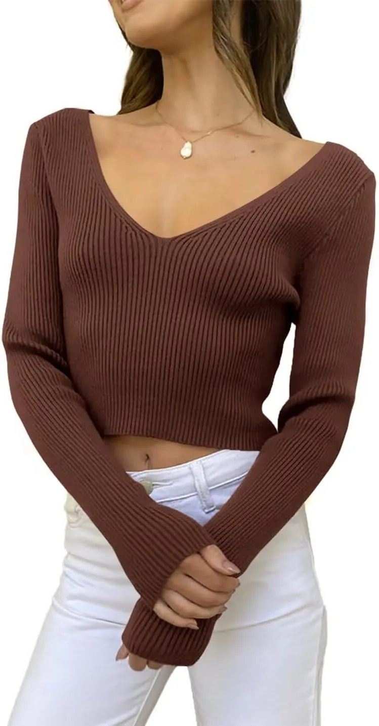 Ezbelle Women's V Neck Sweater Long Sleeve Crop Tops Sexy Ribbed Knit Pullover Shirt Trendy Blouse 2024 Fall
