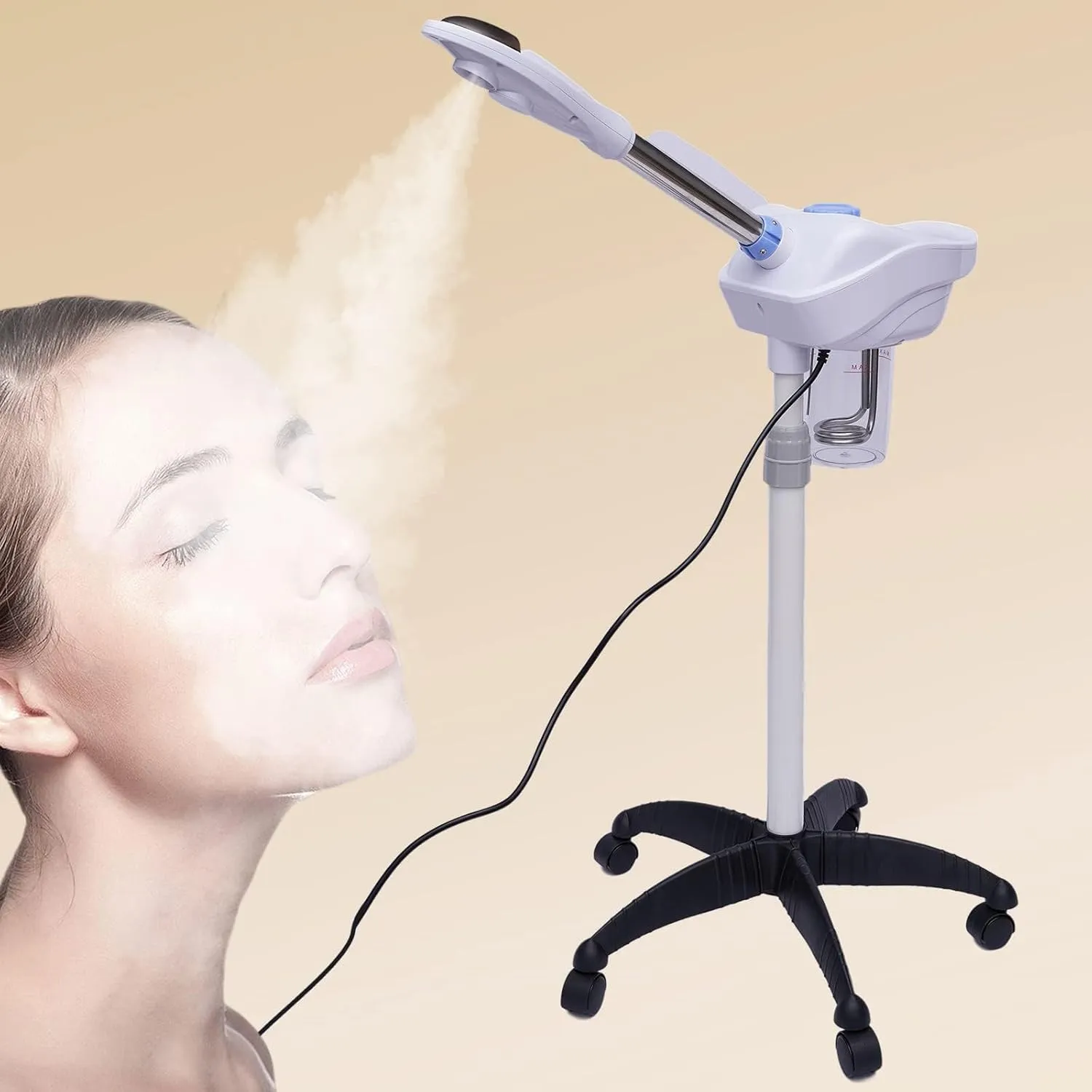 Facial Steamer, 750W Ozone Face Humidifier, 0.39-0.51" Stand Adjustable Salon Professional Beauty Sprayer w/Wheels, 3-5min Fogging SPA Warm Mist Face Steamer w/ 360° Rotating Nozzle for Home, White