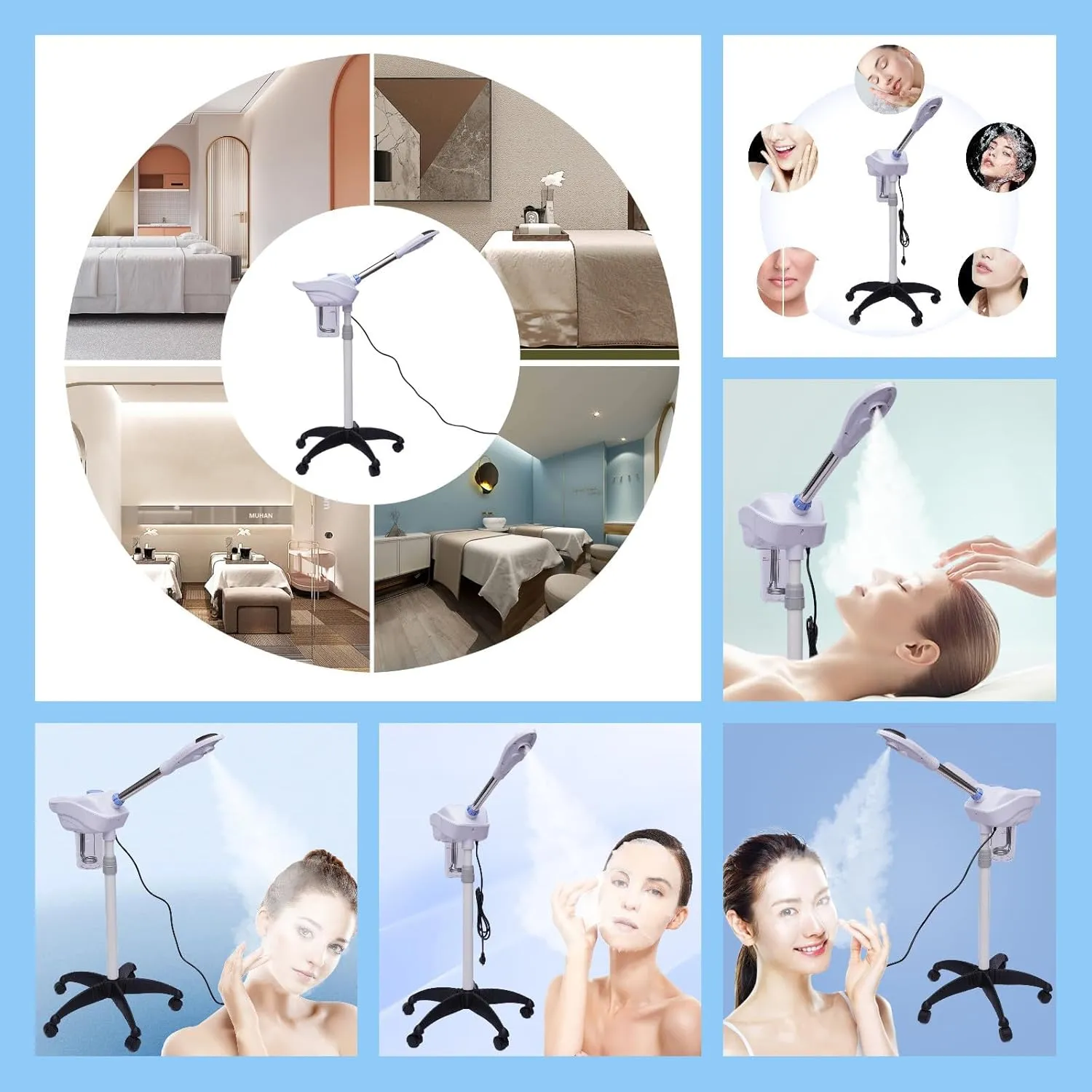 Facial Steamer, 750W Ozone Face Humidifier, 0.39-0.51" Stand Adjustable Salon Professional Beauty Sprayer w/Wheels, 3-5min Fogging SPA Warm Mist Face Steamer w/ 360° Rotating Nozzle for Home, White