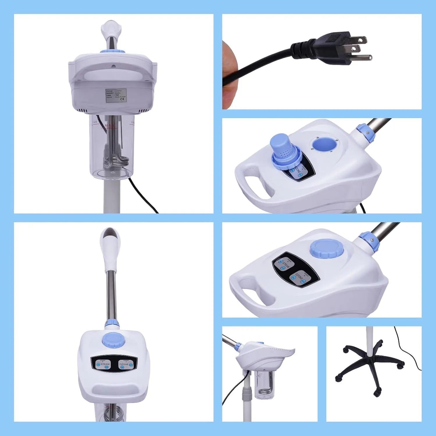 Facial Steamer, 750W Ozone Face Humidifier, 0.39-0.51" Stand Adjustable Salon Professional Beauty Sprayer w/Wheels, 3-5min Fogging SPA Warm Mist Face Steamer w/ 360° Rotating Nozzle for Home, White