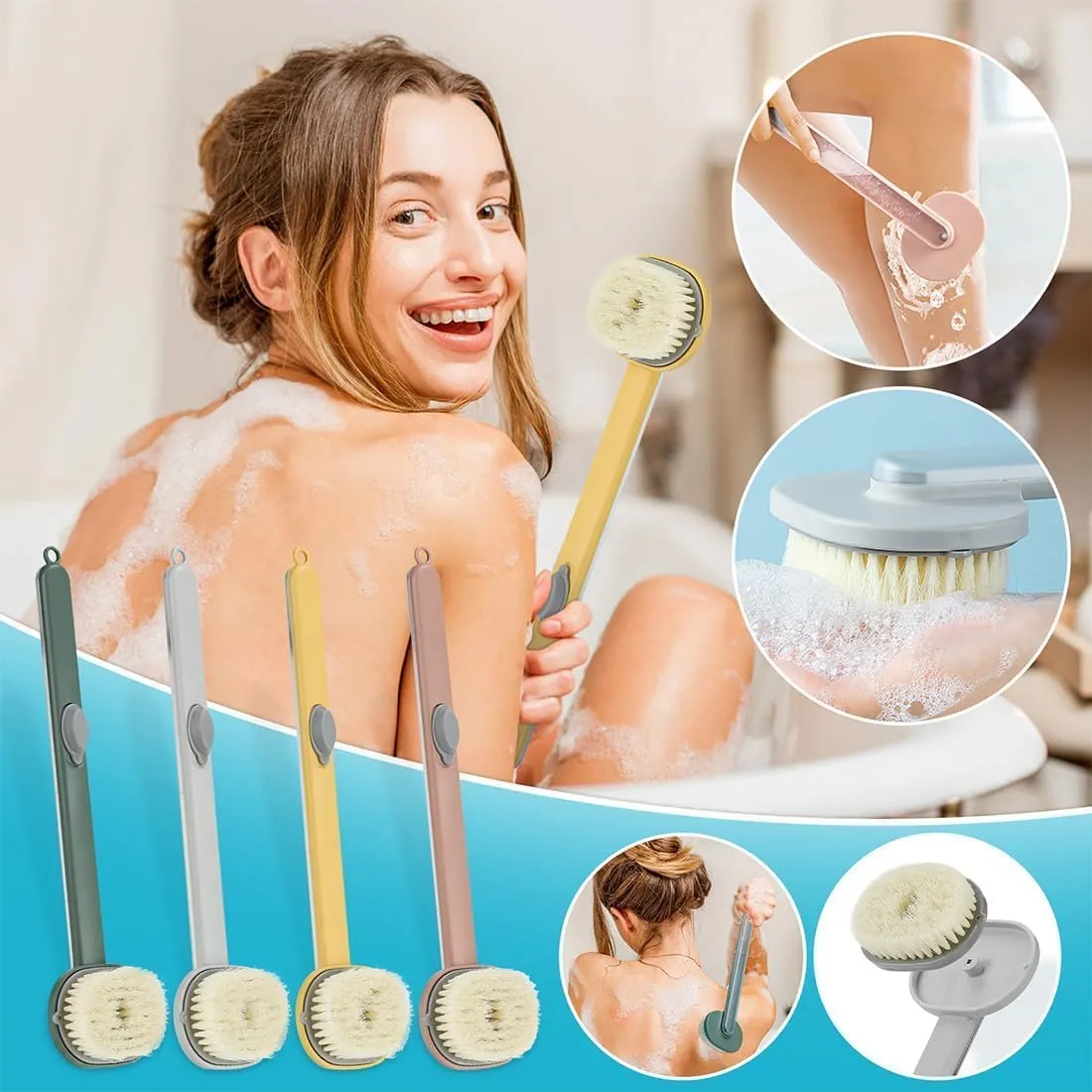 Family Essentials Long Handle Bath Massage Cleaning Brush, 14in Family Essentials Long Handled Bath Massage Brush with Soap Dispenser, One-Touch Foam Bath Shower Brush (2Pcs-E)