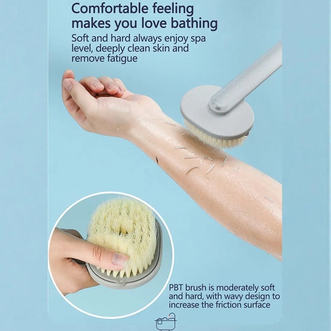 Family Essentials Long Handle Bath Massage Cleaning Brush, 14in Family Essentials Long Handled Bath Massage Brush with Soap Dispenser, One-Touch Foam Bath Shower Brush (2Pcs-E)