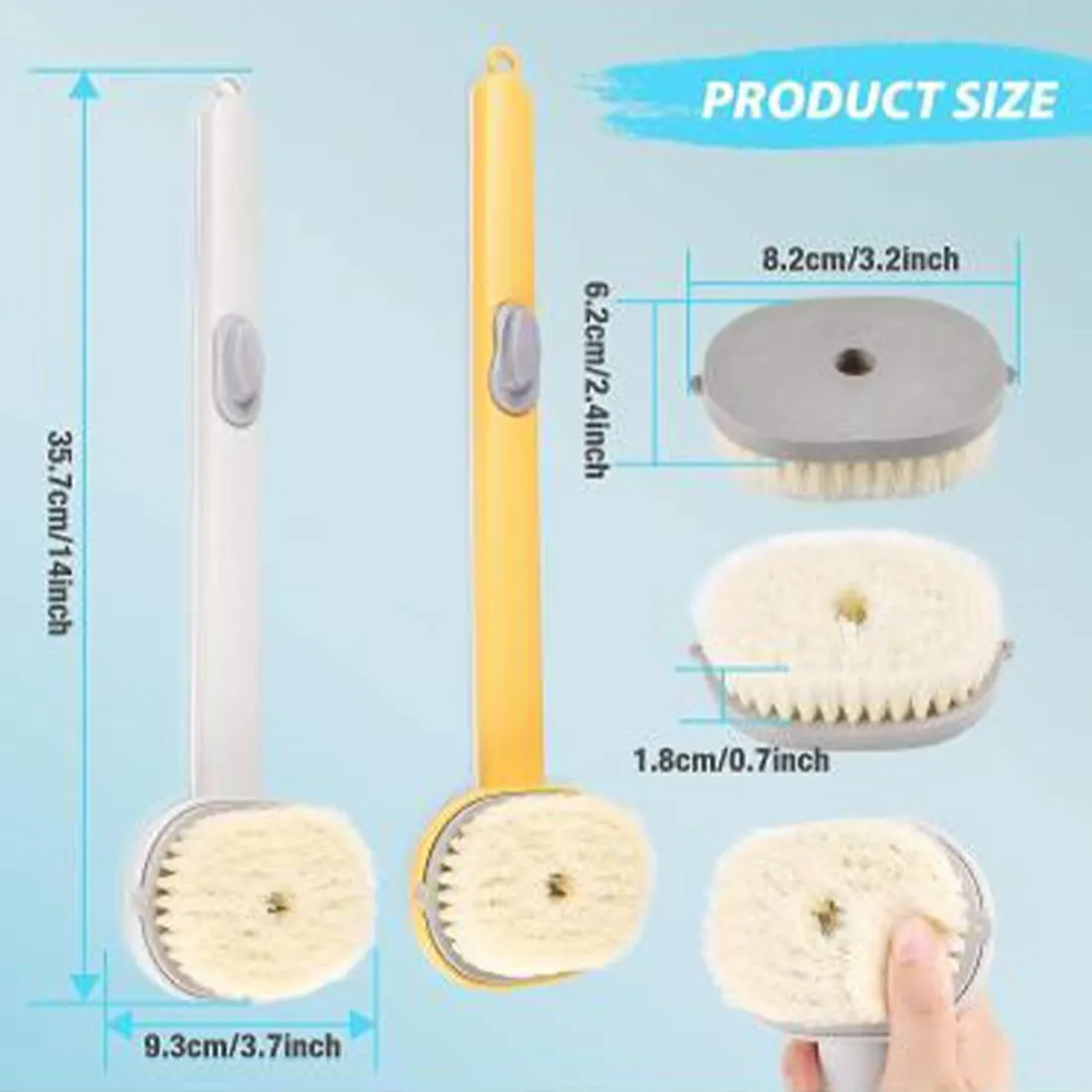 Family Essentials Long Handle Bath Massage Cleaning Brush, 14in Family Essentials Long Handled Bath Massage Brush with Soap Dispenser, One-Touch Foam Bath Shower Brush (2Pcs-E)