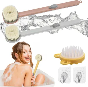 Family Essentials Long Handle Bath Massage Cleaning Brush, 14in Family Essentials Long Handled Bath Massage Brush with Soap Dispenser, One-Touch Foam Bath Shower Brush (2Pcs-E)