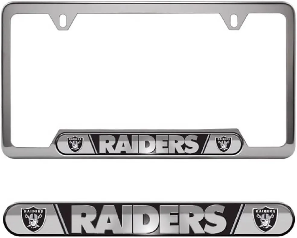 FANMATS 31717 Las Vegas Raiders Embossed License Plate Frame, Stainless Steel Frame with Stamped Aluminum Team Logo Inserts, 6.25in x 12.25in