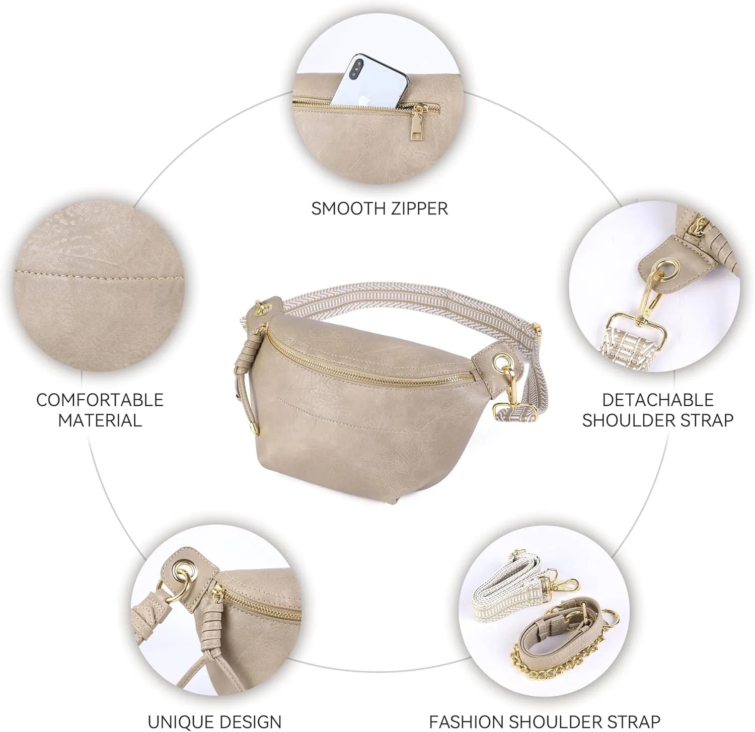 Fanny Packs for Women Cross Body Leather Belt Bag Sling Bag for Women Crossbody Purse Fashion waist packs with Two Strap