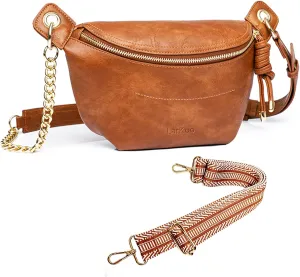 Fanny Packs for Women Vegan Leather Crossbody Bags for Girl Tassel Chest Purses Small Sling Bag with Adjustable Guitar Strap&Chain Belt (Red)