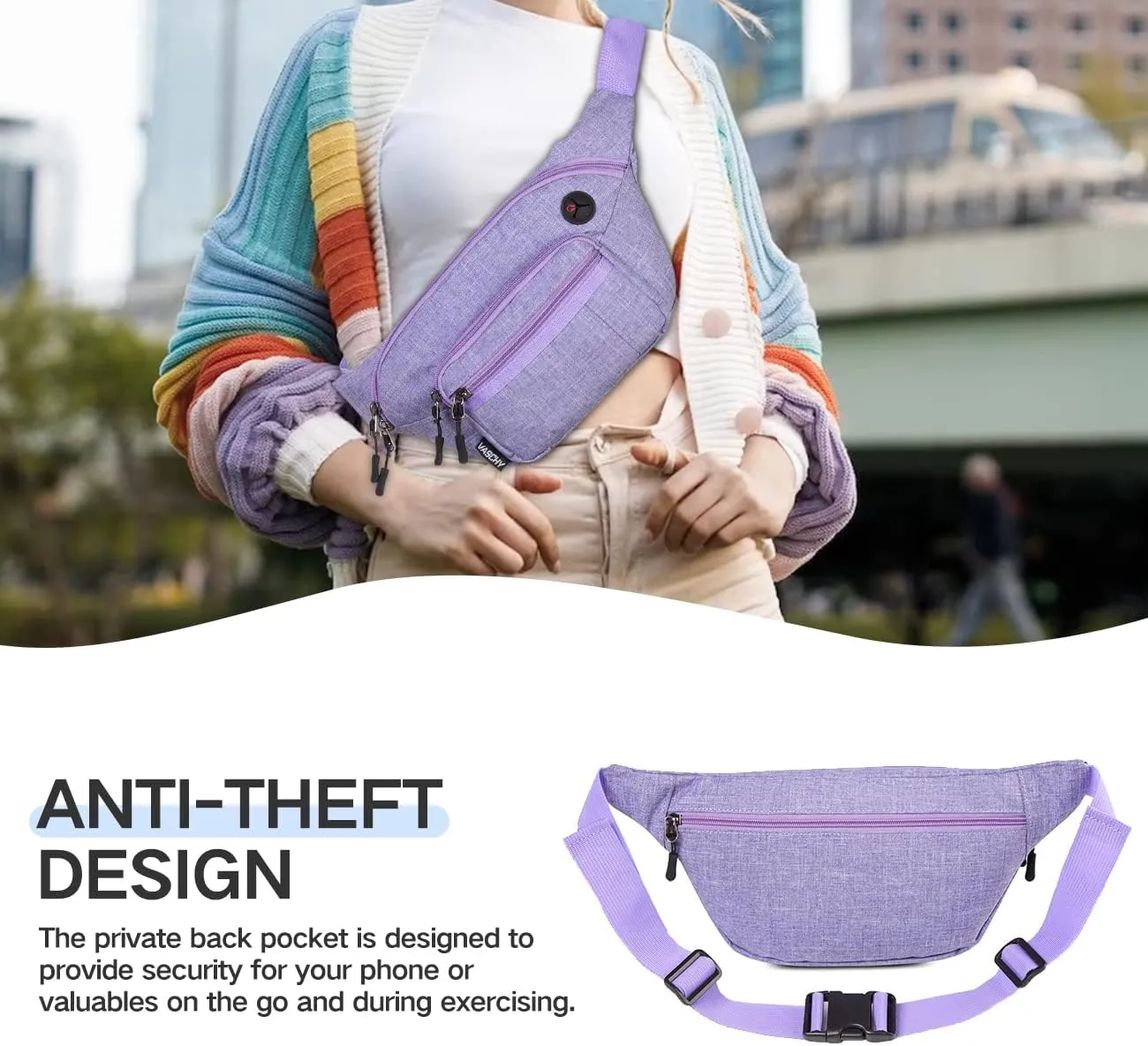 Fanny Pack,VASCHY 4 Zipped Sleeves Belt Waist Bum Hip Bag Pouch Pack for Women W 60in Extra Long Strap Purple